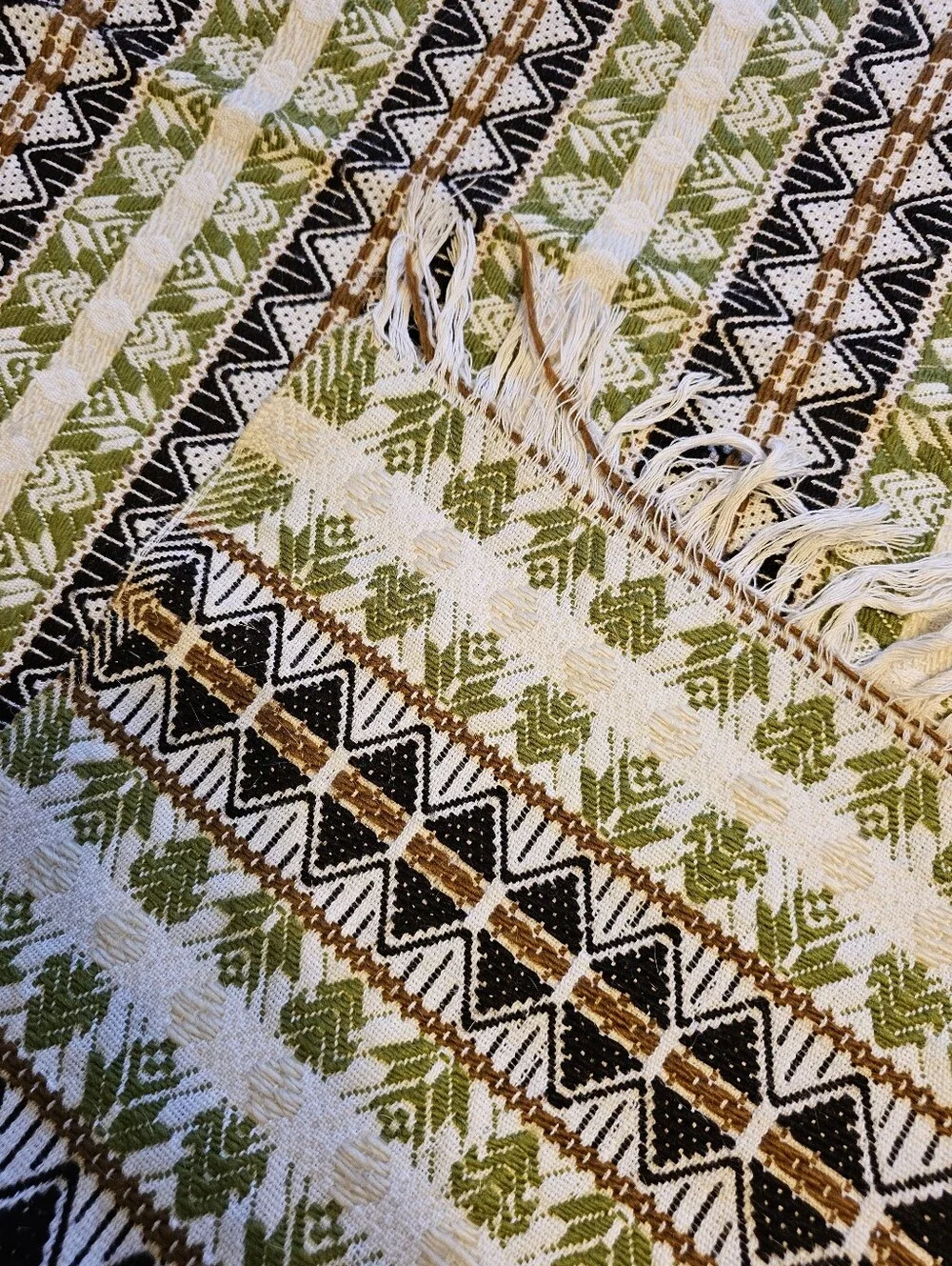 Vintage 70s Handwoven Cotton Geometric Queen Blanket Coverlet